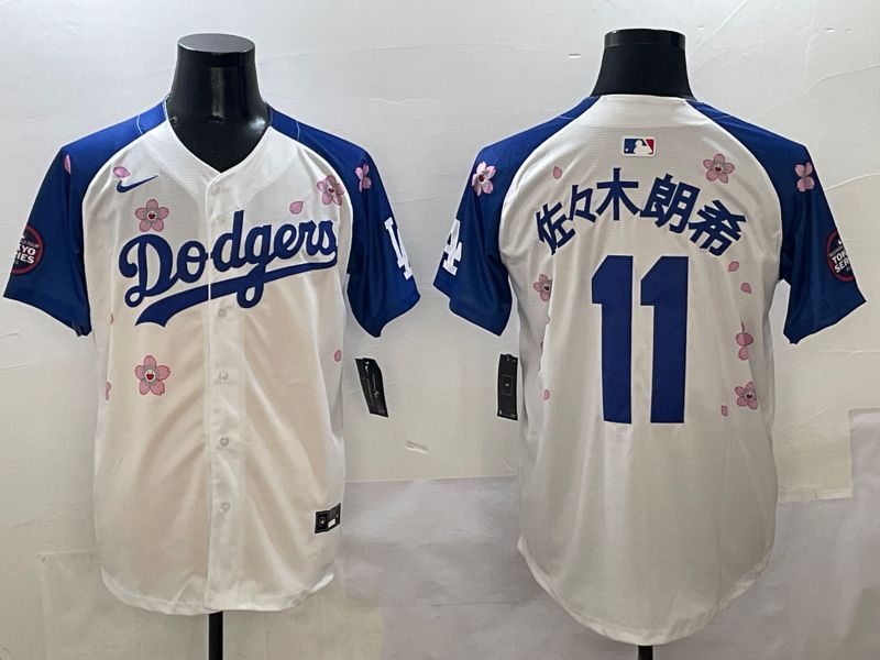 Men Los Angeles Dodgers #11 R.Sasaki White Blue Sakura Edition 2025 Nike MLB Jersey style 1->los angeles dodgers->MLB Jersey